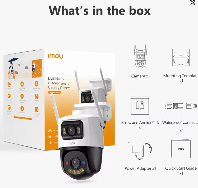 IPC-S7XEN-10M0WED-0360B-IMOU - CAMARA IP/PT 10MP CRUISER DUAL 2 (5MP LENTE FIJO/5MP LENTE PT) LENTE 3.6MM, H.265, SMART FULL COLOR, WIFI 6, 2.4GHZ, ALGO PLAY, DISUACION ACTIVA LUZ ROJA Y AZUL, AUDIO 2VIAS, IP66