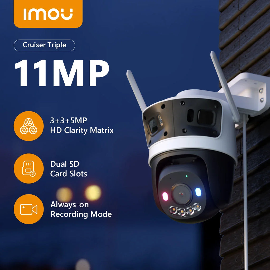 IPC-S7UN-11M0WED-IMOU - CAMARA IP/PT 11MP CRUISER TRIPLE (2 LENTES FIJOS 3MP 3.6MM/1 LENTE PT 5MP 6MM) H.265, SMART FULL COLOR, WIFI 6 2.4GHZ, SMART TRACKING, LUCES ADVERTENCIA, AUDIO 2VIAS, ALGO PLAY, MODO AOR, IP66